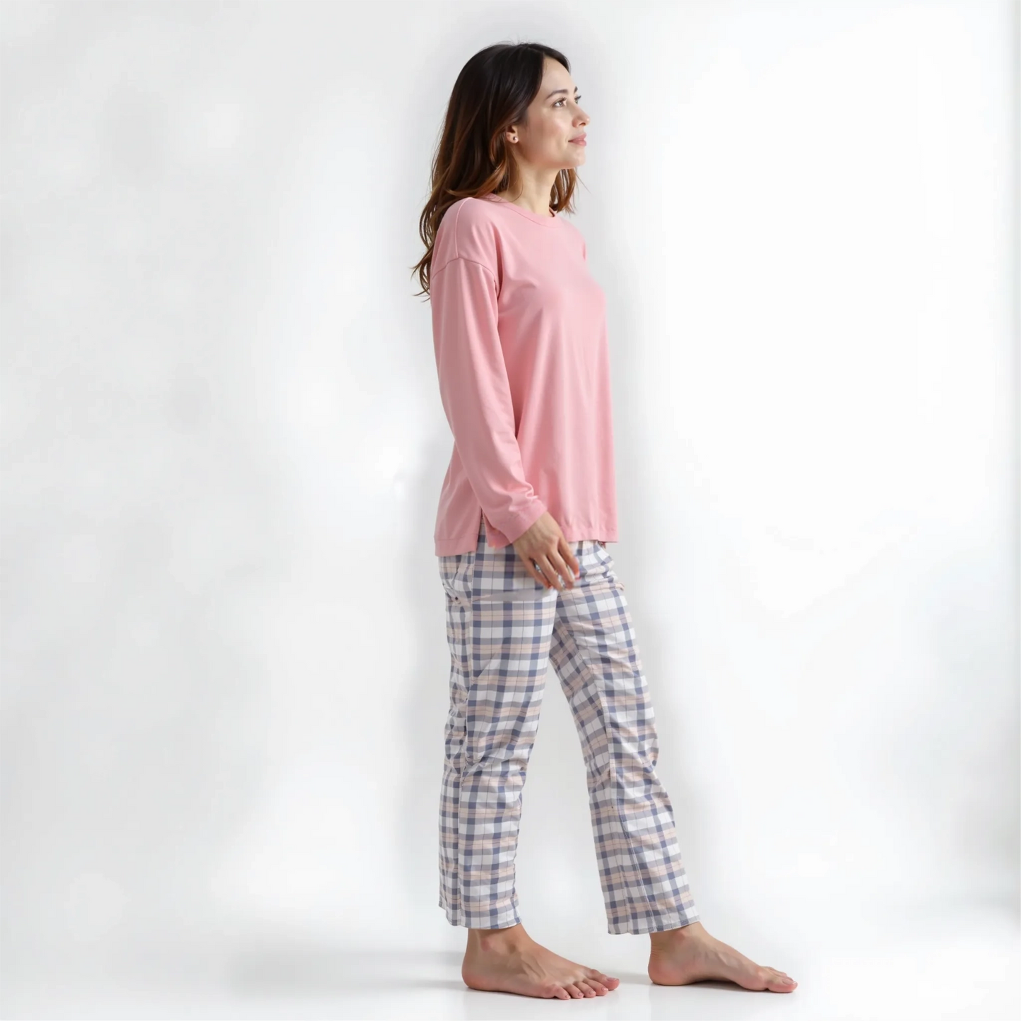 Comfortable Pyjama Set – Soft Pink Top & Checked Pants - Tori Set