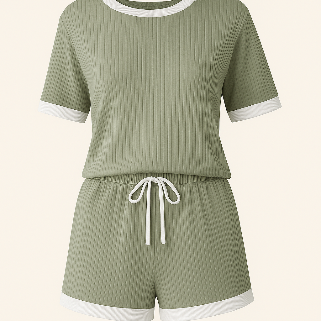 Two-piece women's ribbed pajama set – Comfortable green with white edges - Mochi set