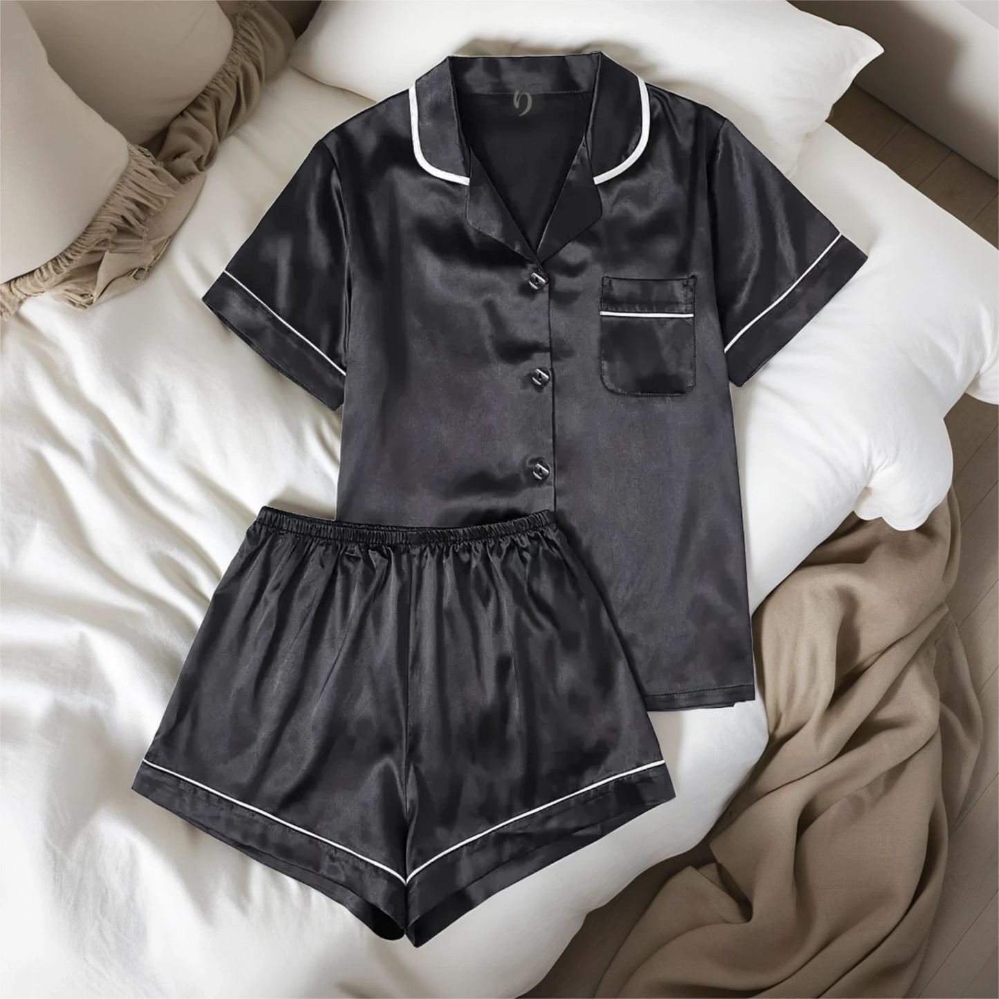 Black Satin Pyjama Set – Short & Comfortable - Yoru set