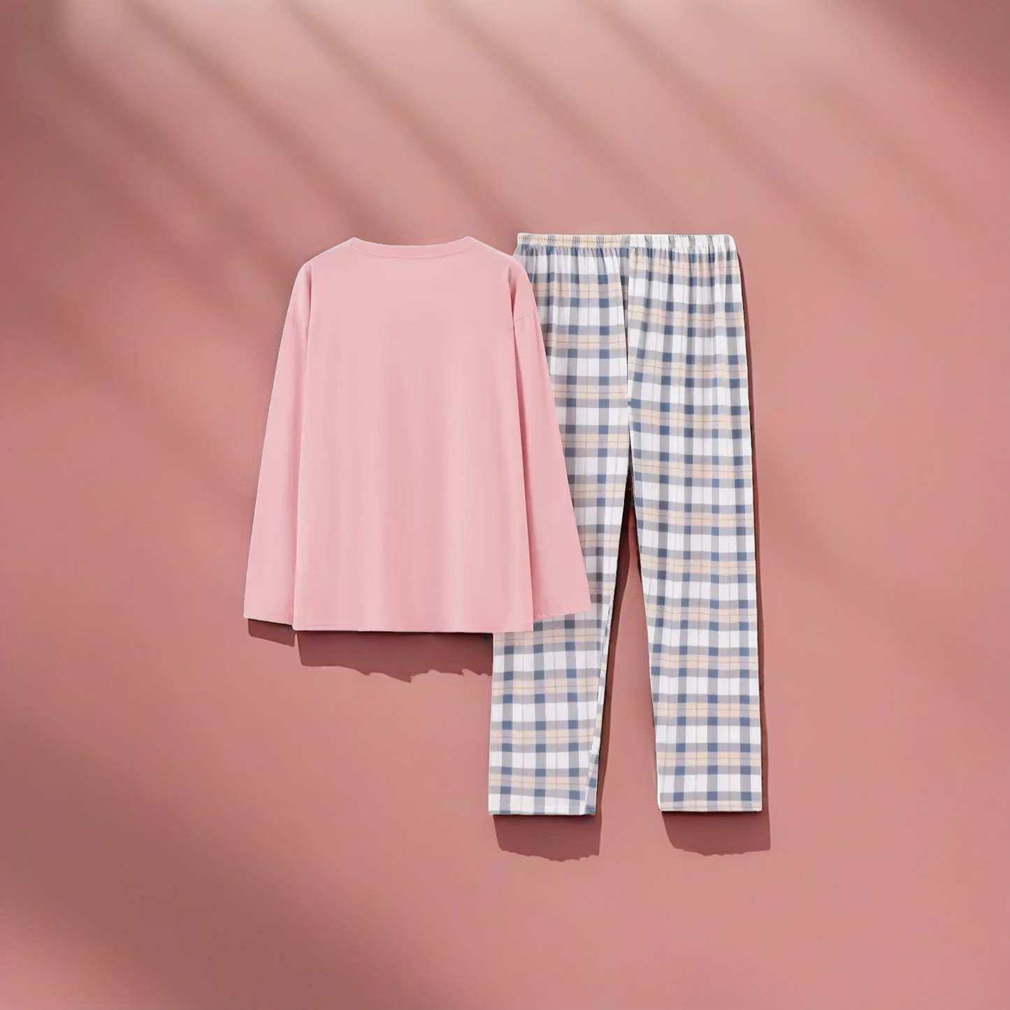 Comfortable Pyjama Set – Soft Pink Top & Checked Pants - Tori Set