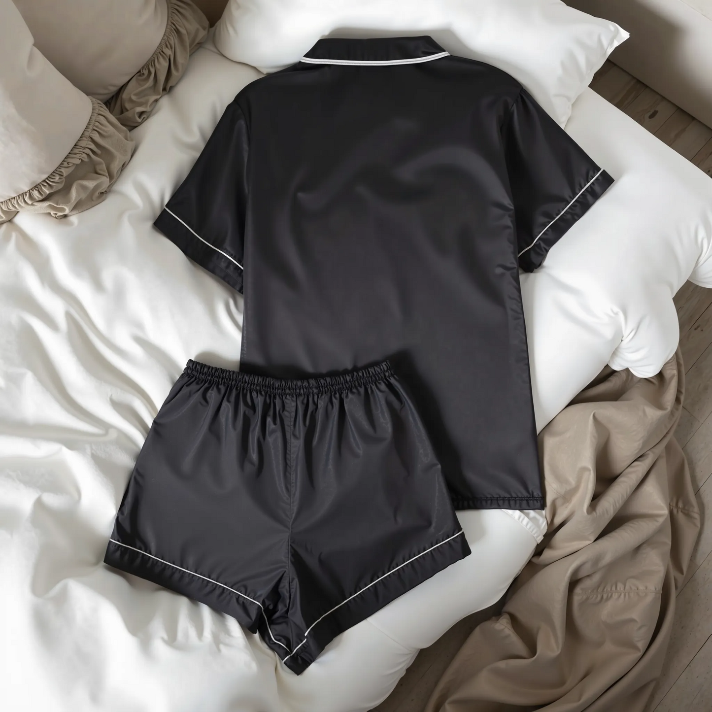 Black Satin Pyjama Set – Short & Comfortable - Yoru set