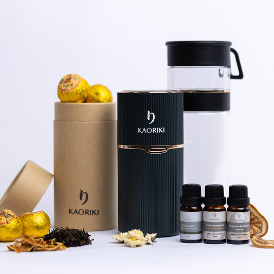 On the go gift box - draadloos aroma diffuser 80 ml - Theïne - glazen drinkfles 400 ml - 3 essentiële oliën