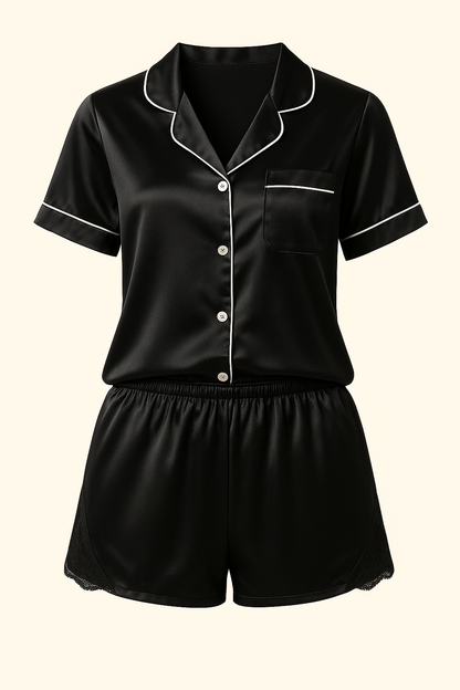 Black Satin Pyjama Set – Short &amp; Comfortable - Yoru set