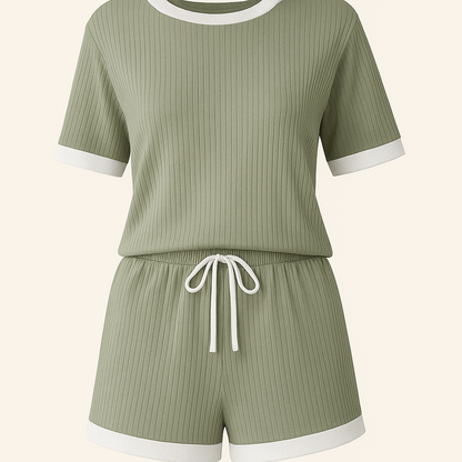 Two-piece women's ribbed pajama set – Comfortable green with white edges - Mochi set